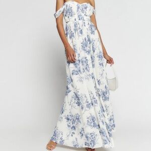 Reformation Blue and White Smocked Off-Shoulder Dress